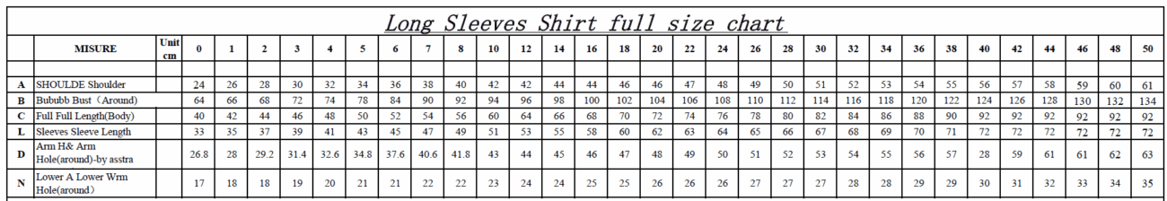 EY PS Long Sleeves Shirt full size chart