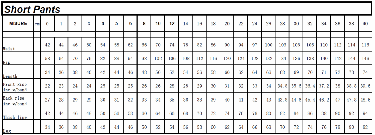 EY PS PE Summer short full size chart