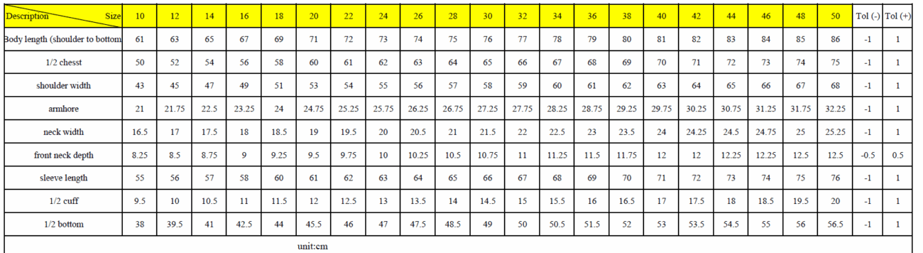 PS Secondary Track Suit Shirt full size chart